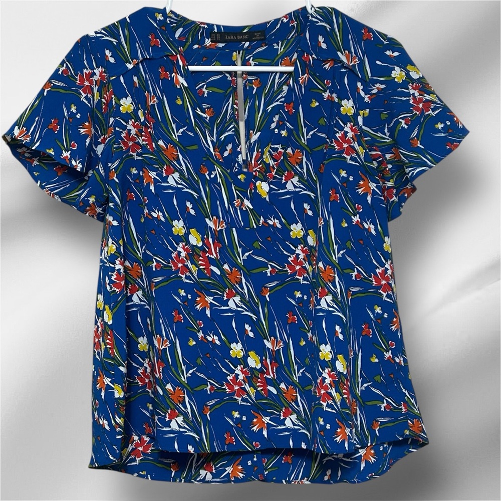 Zara Basic Blue Floral Blouse EUC Size XS